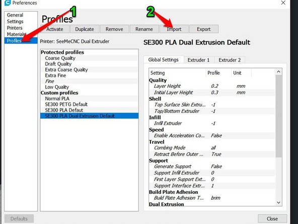In the preferences dialog, navigate to: Profiles and choose Import.