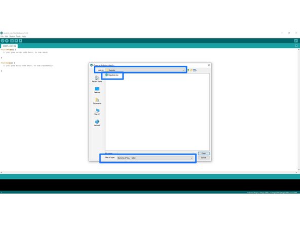Start the Arduino IDE if you haven't already and then click on &quot;File&quot; and then &quot;Open&quot;.  Change &quot;Files of Type&quot; to &quot;Sketches (*.ino, *.pde)&quot; Browse to the location where you unpacked the firmware.  You may have to go in one or two more sub-directories to reach the folder named &quot;Repetier&quot;.  This is where the firmware source code is.