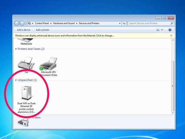 If you are running windows, click here to download the Duet Wifi Drivers. If you are running Mac or Linux, you won't need them - skip this step. Unzip the file and save the drivers somewhere you'll be able to find them. On windows 10,  just double click the "duet.inf" file and in will install the driver. On windows 7, you'll need to find the duet in Device Manager and click update driver.