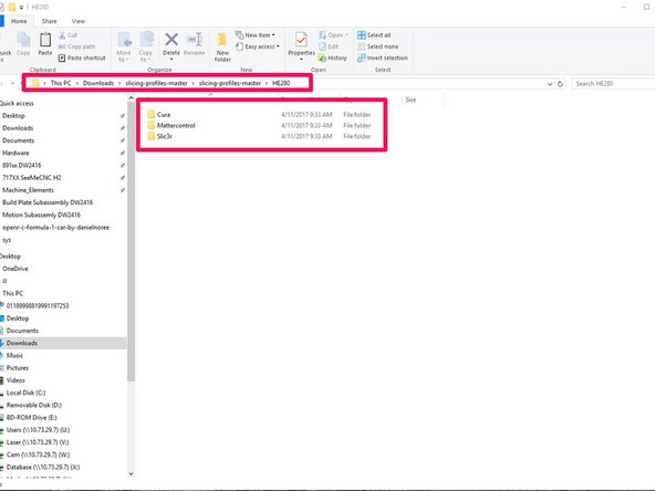 There are several different pre-configured slicing profiles for you to choose from. They have been broken into categories for hot end type (ERIS, HE280, &amp; SE300) and slicing engine(MatterControl, Slic3r, &amp; Cura) . This guide will show you how to import the appropriate settings in future steps.
