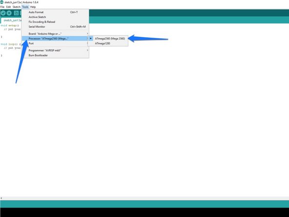 Click on the “Tools” menu item and then click on “Board” and then “Arduino Mega or Mega 2560”.