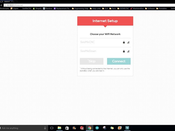 Follow the steps for Internet Setup. During this step you will select your current wifi network and enter the associated password so that the AstroBox will be accessible on the internet.