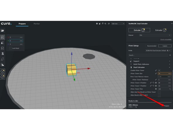 When you are ready to print click Prepare in the bottom right hand corner. It is recommended that you first check the layer/slice preview. This is located in a drop down near the top of the screen. Change from Solid View to Layer View You can use the slider to preview the slice prior to printing.
