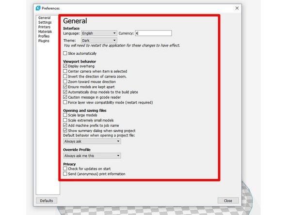From the menu bar click Preferences and choose Configure Cura...