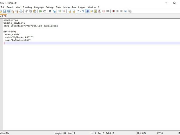 Install and open Notepad plus plus.  Start a new document.  Click Edit, go to EOL Conversion, and select Unix.  In the new document you want to type the info shown in Pic 2.