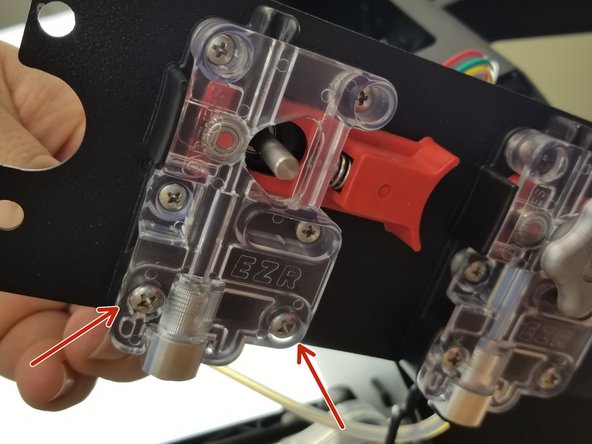 Use the included 30115 6-32 x 7/8&quot;L Phillip Pan Head Screws and 30164 6-32 Nylon Lock Nuts in the locations shown to fasten the extruder in place, just as the existing extruder is.