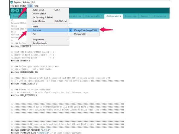 Select the &quot;Tools&quot; menu and scroll down to the &quot;Boards&quot; item. Select the entry marked &quot;Arduino/Genuino Mega or Mega 2560&quot;.