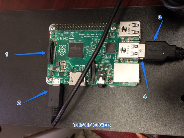 Connect the following to the Raspberry Pi (noted in the second image with BLUE ARROWS AND TEXT)