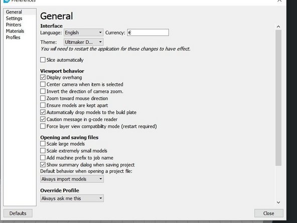 From the menu bar click Preferences and choose Configure Cura...