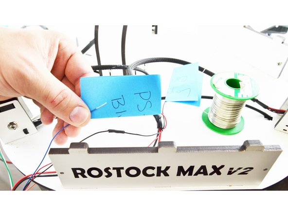 Locate the wire you labeled as PS-ON. This will go with the blue wire from the new hot end whip.