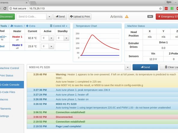 Next we're going to tune your printer for the highest temperature you commonly print at. To tune the hot end heater, click on "G-Code Console" on the left, then where it says "Send G-Code", enter: M303 H1 P0.8 S230 (Change 230 to the hot end temperature you want to tune for) and click "Send"