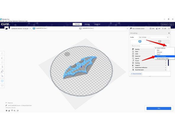 Next click the hamburger menu and select &quot;Show All Settings&quot;. This will become useful later on as you get more familiar with 3D printing and slicing software. (second photo)