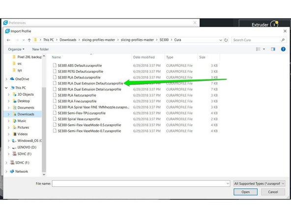 Navigate to the directory you extracted the slicing profiles to and select  the file "SE300 PLA Dual Extrusion Default.curaprofile" and click Open.
