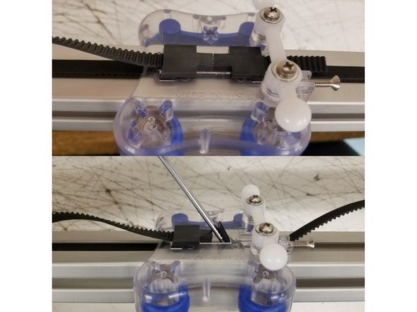 Now thread the belt through the top of the carriage and ramp it up through the hole with a small flat head screw driver. Once you enough belt through the carriage to clamp, install the Belt Clamp that you removed in the beginning. Do this for all three towers.