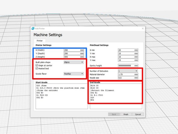 You will need to configure your printer on this page. The box in blue notes settings that are specific to your machine type (These settings are noted below for each machine.) The boxes in red note settings that are universal for SeeMeCNC Delta Printers. Change the configuration to match those in the image. You can ignore the other boxes.