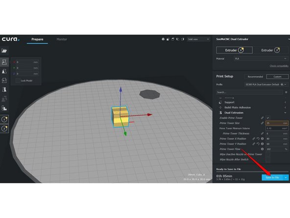 When you are ready to print click the Save to File or Save to Removable Drive button in the bottom right hand corner. If you print via a Raspberry Pi (OctoPrint / AstroPrint) choose Save to File. You can then choose where to save the file and later transfer it.