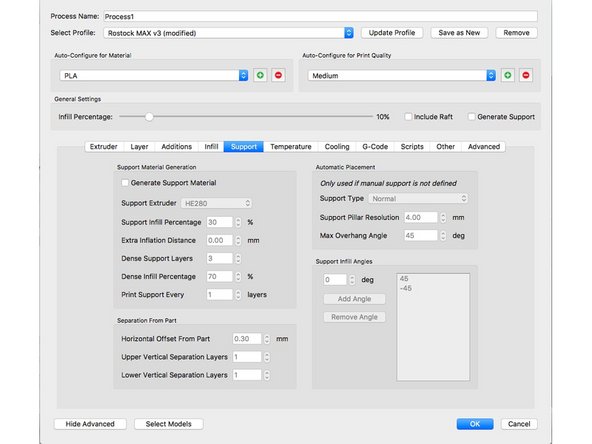 Support!!!!    This section is very important when using support for your print where applicable.  In this screenshot the support is turned off, but copying each setting value shown will ensure a great support structure, that produces great overhang/bridging layers.  Pay close attention to the Support Infill Angles section.