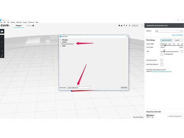 When CURA opens you will automatically be presented with the option to add a printer. Choose: Custom &gt; Custom FDM printer