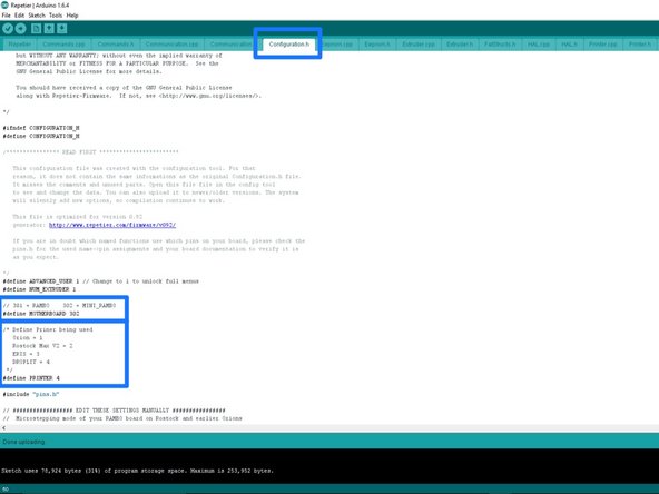 In Arduino choose FILE &gt; OPEN, then navigate to the firmware you downloaded : Firmware -master &gt; Firmware -master &gt; Repetier Firmware &gt; Repetier &gt; Repetier (this file has the Arduino Icon next to it) Select the file and choose open.