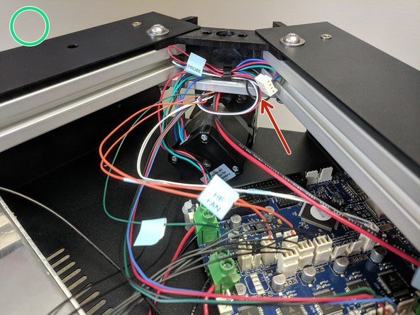 Install the extruder stepper motor connector in the location indicated by a blue arrow in the image.  **** Machines AFTER 3/20/2018: Motors can have a black connector and different color wiring, They are connected with the smooth side of the plug towards the side of the Duet shown in picture 3 ****