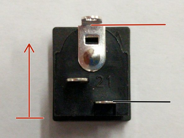 Solder the 18awg red wire to the top of the barrel power jack connector. (top is indicated by the red arrow)