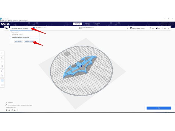 Select the printer drop down menu in the upper left hand corner and click "Manage Printers"