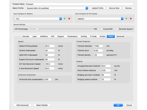 When navigating through the Other tab, print speeds may vary for some prints, but 60mm/s works very well.  Sometimes when more detail is needed, 40mm/s works great.