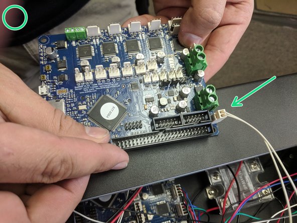 You will plug the Bed Temp wires (2 white wires in a 2 pin connector) into the BED TEMP location on the DUET board as indicated in the second image.