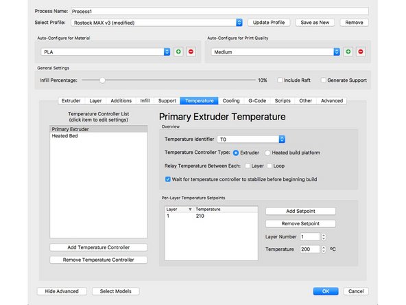 Located under the Temperature tab, you will find settings for the extruder, and heated bed.