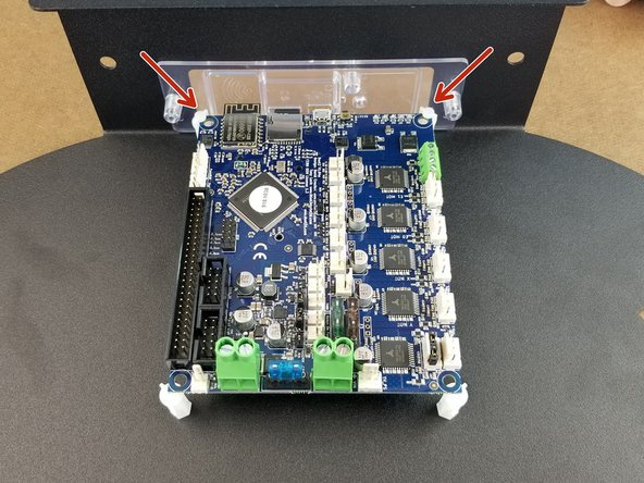 Orient the top of the board supports as shown in Pic 2.  Use a pair of pliers to rotate the supports so they are angled to hold the corners of the Duet board as shown in Pic 2.