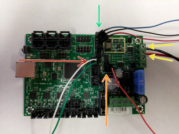 NOTE: This Mini-RAMBo has been removed from the machine for the purposes of this step. Also all other connections have been removed for clarity to illustrate the whip connections.
