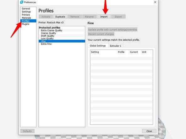 In the preferences dialog, navigate to: Profiles and choose Import.