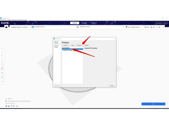In this window, select the "Custom FFF Printer" from when we first started Cura and click "Remove"