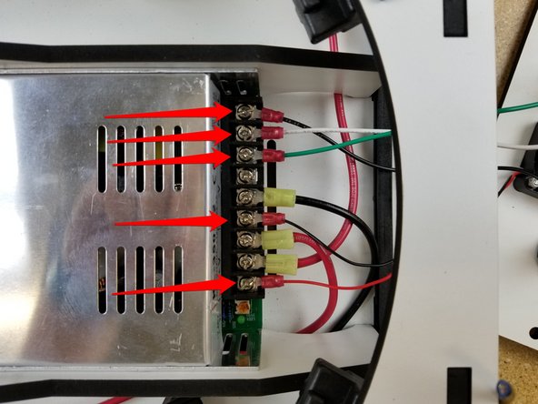 Remove the terminal screws from the power supply and install the wires. The colors correspond as before: