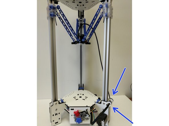 Route the end of the whip (with 8 position pluggable connector) through the retaining loops on the back of the Z axis tower. Plug the whip into the HE280 Hotend.