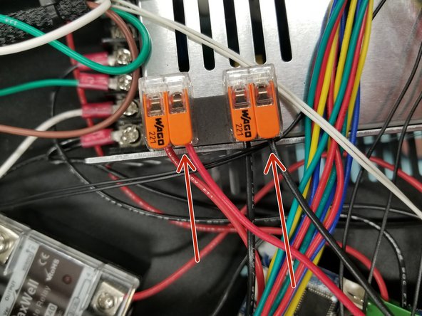 Strip back some extra of the red and black 20awg wire from the whip and reinstall in the WAGO connectors, opposite of what you did to remove them.