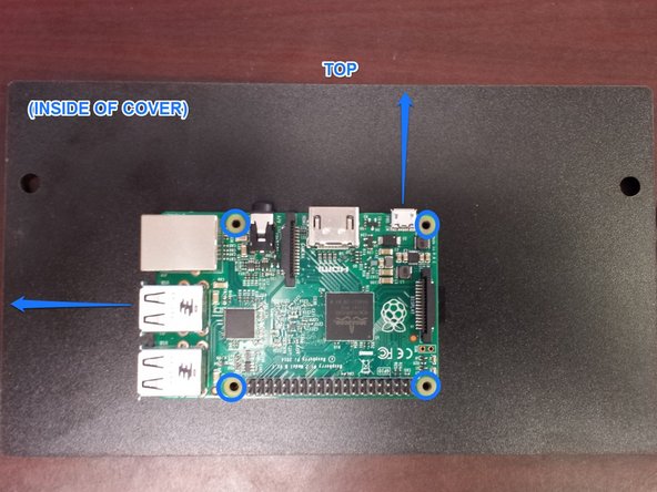 Using the (4) provided standoffs and (4) #4 screws, attach the Raspberry Pi to the side panel.  The Micro USB connector should be facing up and the USB and ethernet connectors should be facing to the left of the side panel.  Be sure not to over-tighten the screws!
