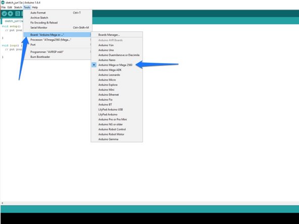 Before we can use the IDE to upload the firmware to the Mini RAMBo controller, we need to tell the Arduino IDE what kind of board we have and what communications port it needs to use in order to perform the upload task.