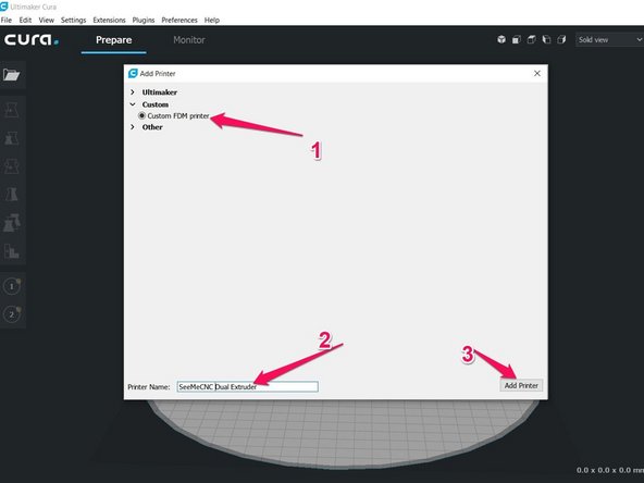 When CURA opens you will automatically be presented with the option to add a printer. Choose: Custom > Custom FDM printer