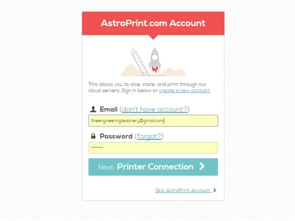 Click on the create a new account link and create a new user account with AstroPrint.