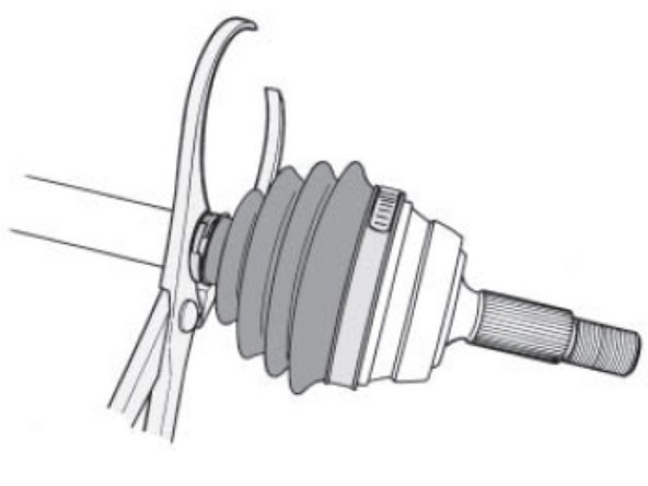 Posicione o estriado da Junta Fixa, no estriado do Semi-eixo, utilize um martelo de poliuretano  e bata na extremidade na Junta, até encaixar o anel trava na ranhura do Eixo; Verifique se a Junta esta firme n o eixo, puxando pelo corpo;