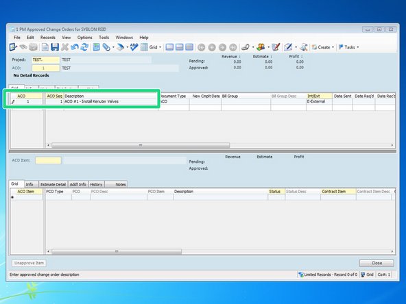 Viewpoint will automatically create the next ACO # available.  If you need to adjust, you can type in a new number.  Otherwise, type in a description for the ACO.