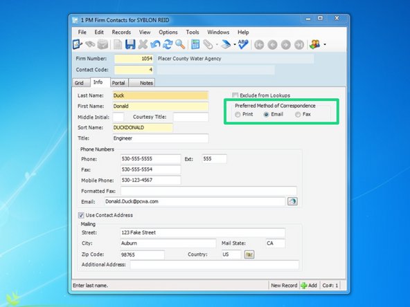 Check which method of correspondence the contact would prefer.  If print is selected, when creating documents such as RFIs and Submittals, they will be sent to your default printer so you can deliver or mail.  If Email is selected, documents will be sent to the contact through their email.