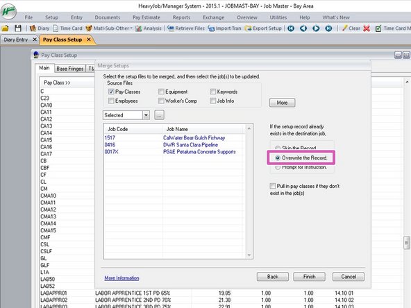 After selecting the files to merge, and the jobs to merge, you need to select "Overwrite the Record" in order to change the records that are already set up in the active project.