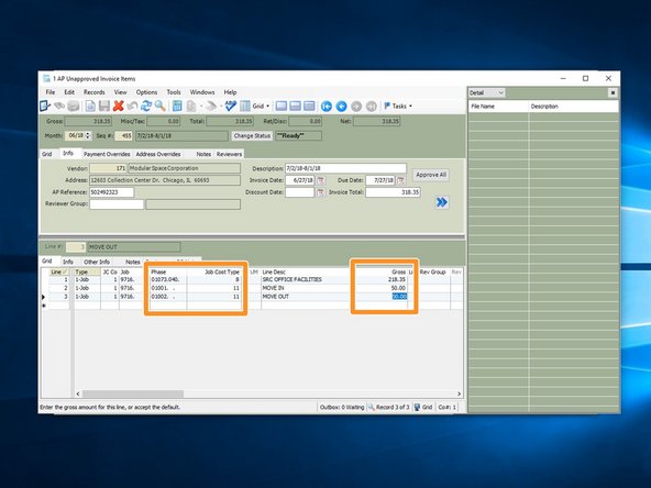 Insert the correct phase code, cost type, and dollar amount that you want charged to each phase code.