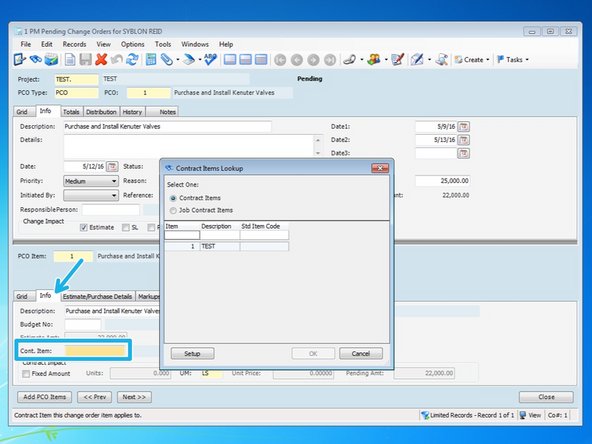 From the "Info" tab, first enter the Contract Item.  This is typically "1" but if you were to set up your schedule of values in Viewpoint, you could assign it to a corresponding pay item.  Press the F4 key if you want to view available items.