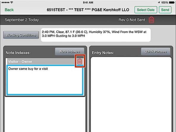Click on the Note Index button to bring up the Note Index menu