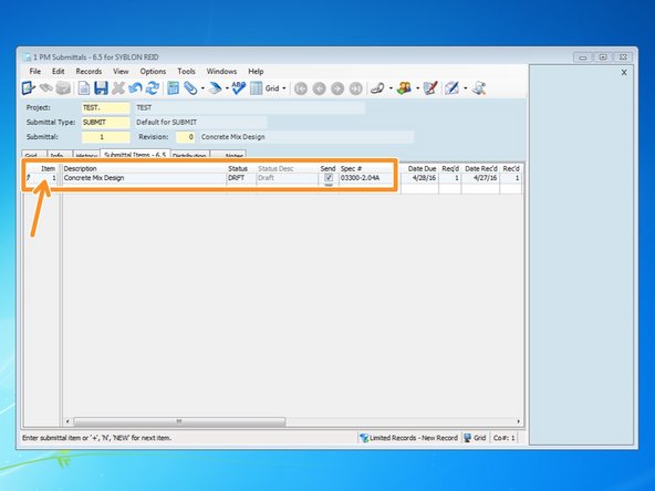 When you create a new "Item" by entering "1" in the Item field, the rest of the data will automatically input the default values from the submittal.  You can change or add information based on what items you are submitting.