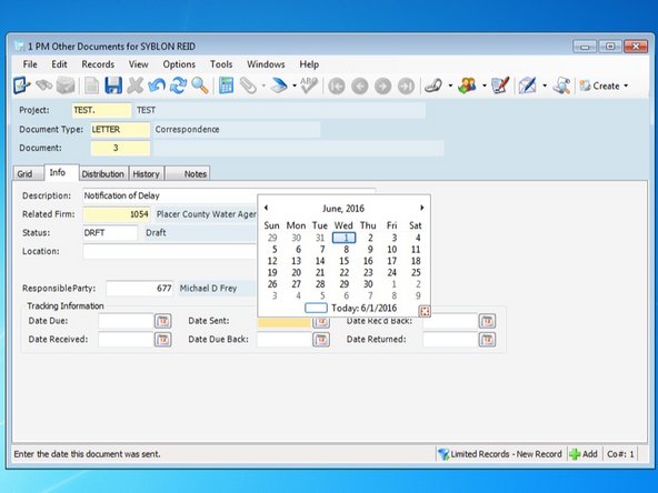 Add the dates for this letter.  The date entered in the "Date Sent" field is the date that will appear on the letter.  If you are expecting a response, you can also add "Date Due Back" and "Date Rec'd" to help you keep track of your letter in Viewpoint.