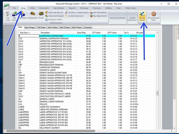 From the "SETUP" tab, select "Merge Setups"